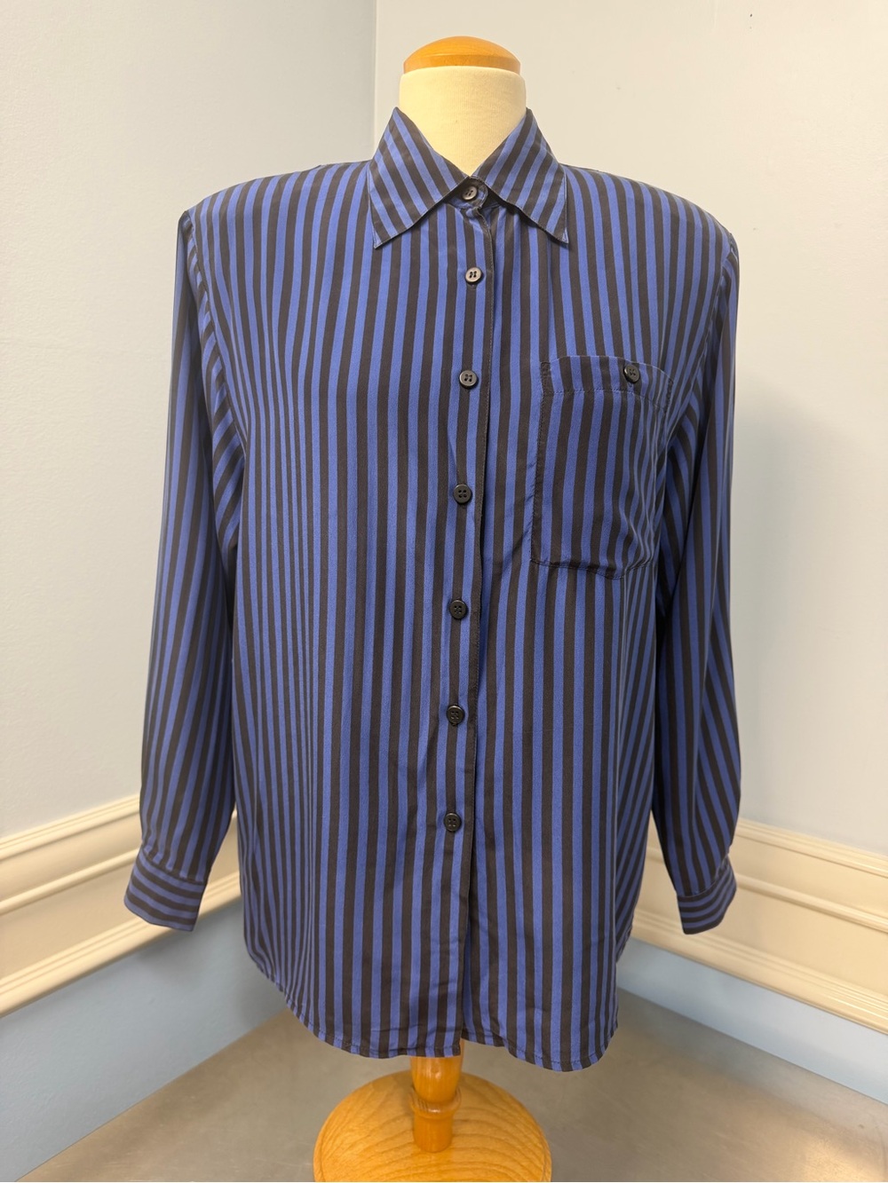 Vtg Silk Blue and Black Vertical Stripe Button-Up Shirt